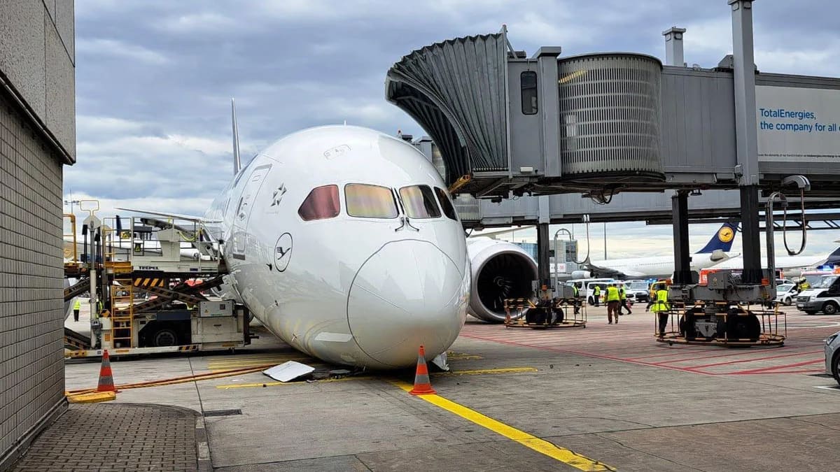 The front landing gear of a Lufthansa plane collapsed